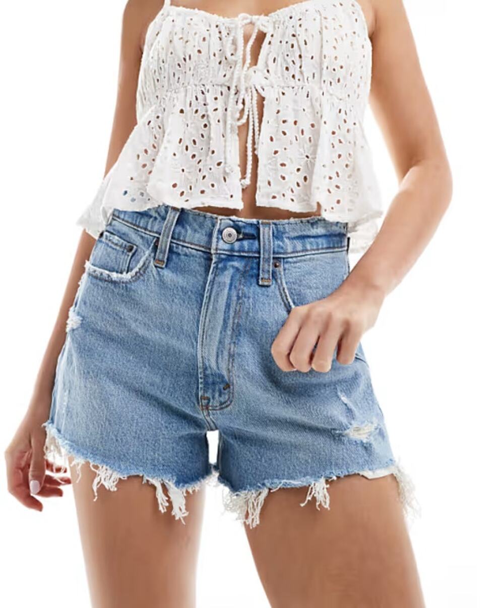 Abercrombie & Fitch Curve Love Raw Hem High Rise Denim Mom Shorts Blue 30 / 10